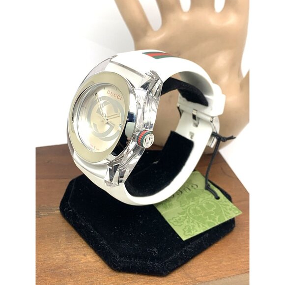 GUCCI Men's Watch SYNC YA137102 Swiss Quartz Clear Case White Rubber Band 46mm - Picture 2 of 14